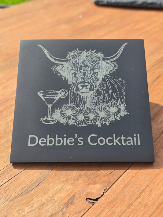 Personalised Highland Cow Slate Coaster - "Your Name's Cocktail" Text