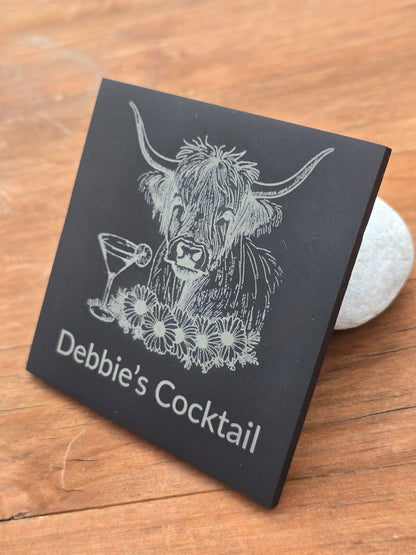 Personalised Highland Cow Slate Coaster - "Your Name's Cocktail" Text