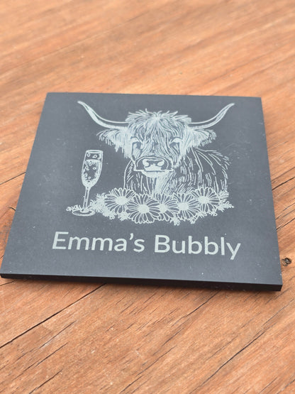 Personalised Highland Cow Slate Coaster - "Your Name's Bubbly" Text