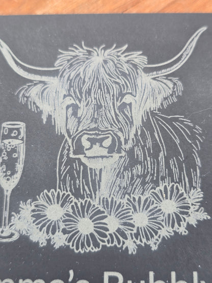 Personalised Highland Cow Slate Coaster - "Your Name's Bubbly" Text
