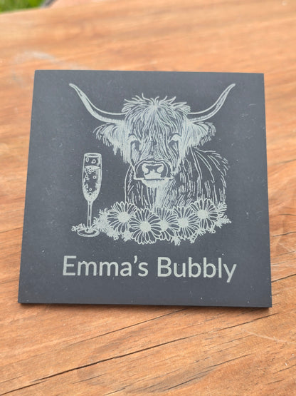 Personalised Highland Cow Slate Coaster - "Your Name's Bubbly" Text
