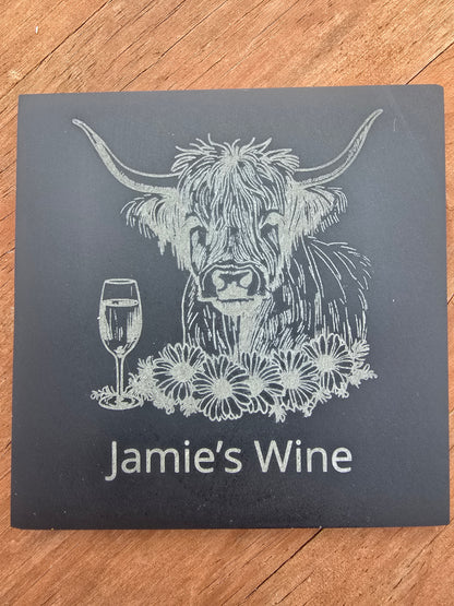 Personalised Highland Cow Slate Coaster - "Your Name's Wine" Text