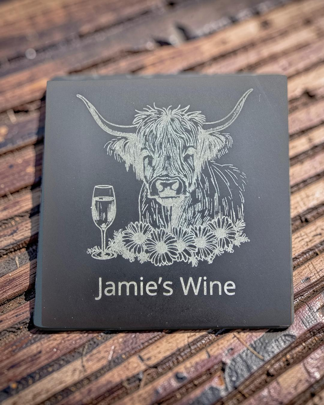 Personalised Highland Cow Coaster with Your Name's Wine Text