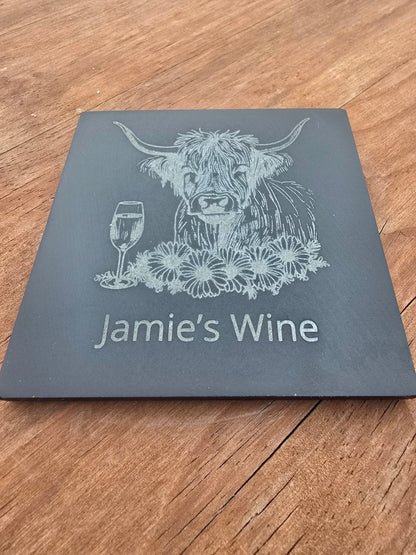 Personalised Highland Cow Slate Coaster - "Your Name's Wine" Text