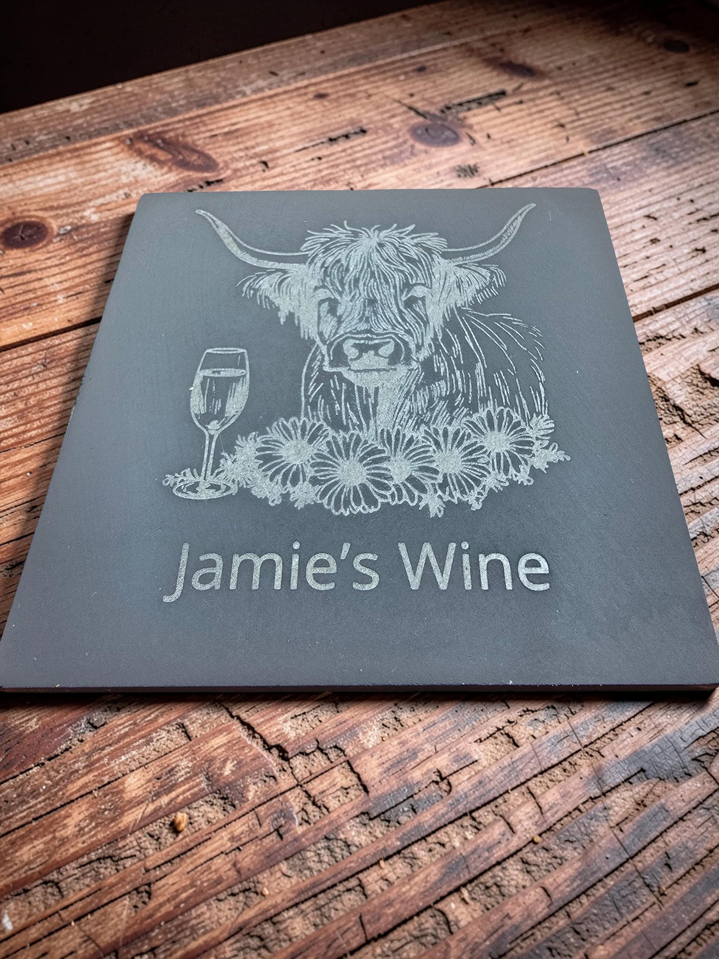 Personalised Highland Cow Coaster with Your Name's Wine Text