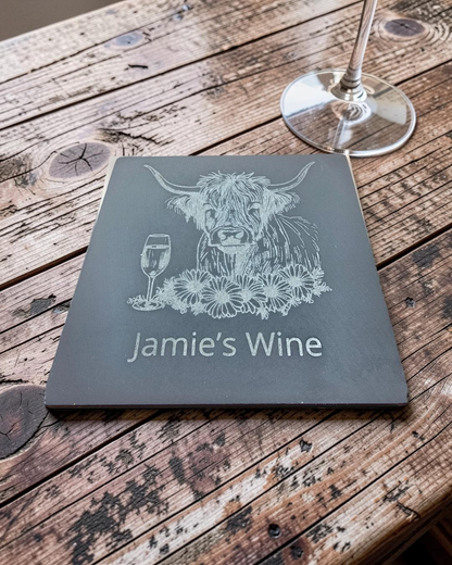 Personalised Highland Cow Coaster with Your Name's Wine Text