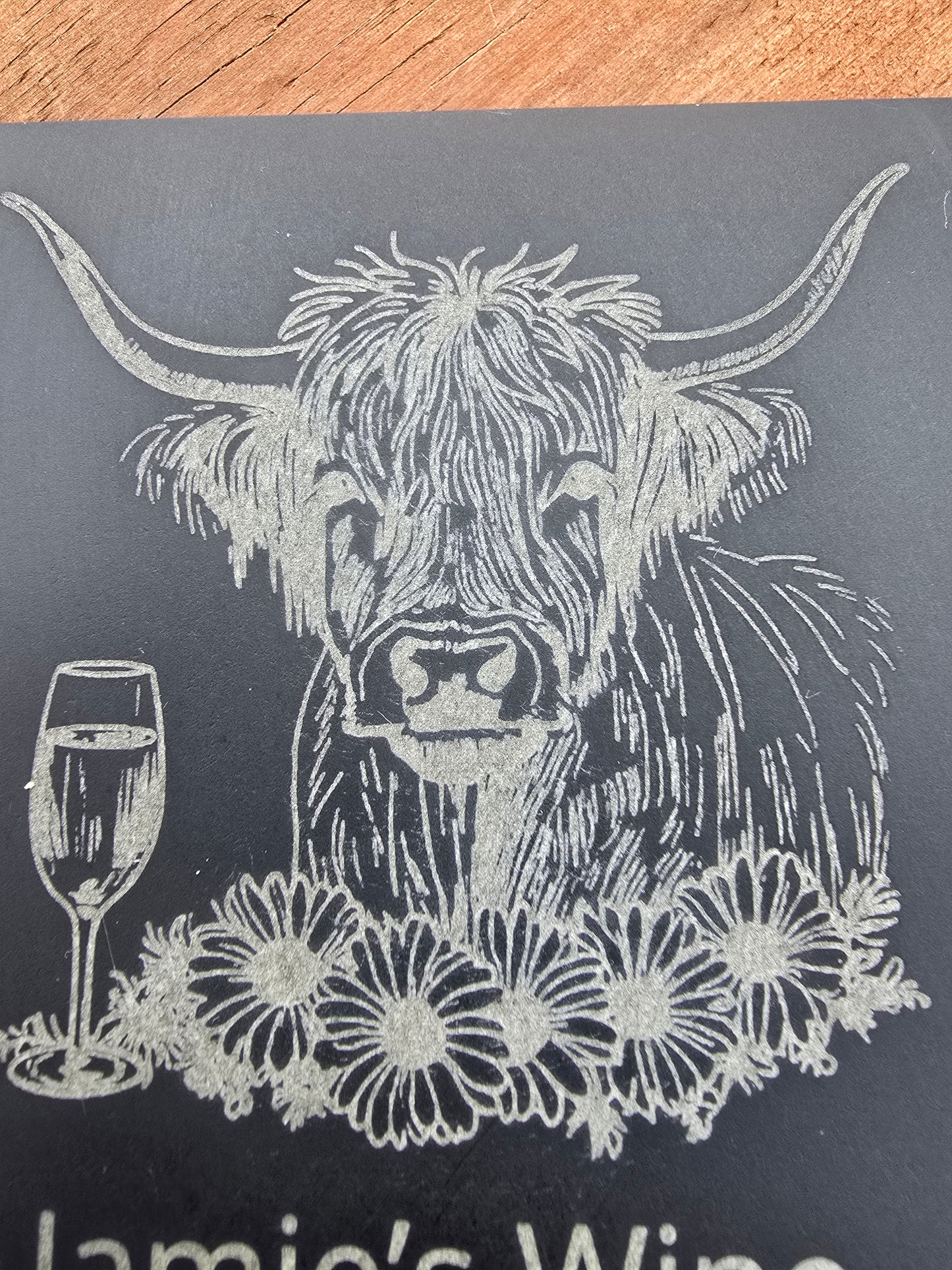Personalised Highland Cow Coaster with Your Name's Wine Text