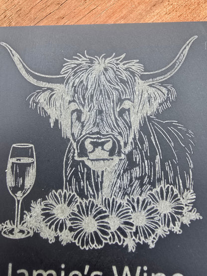 Personalised Highland Cow Coaster with Your Name's Wine Text