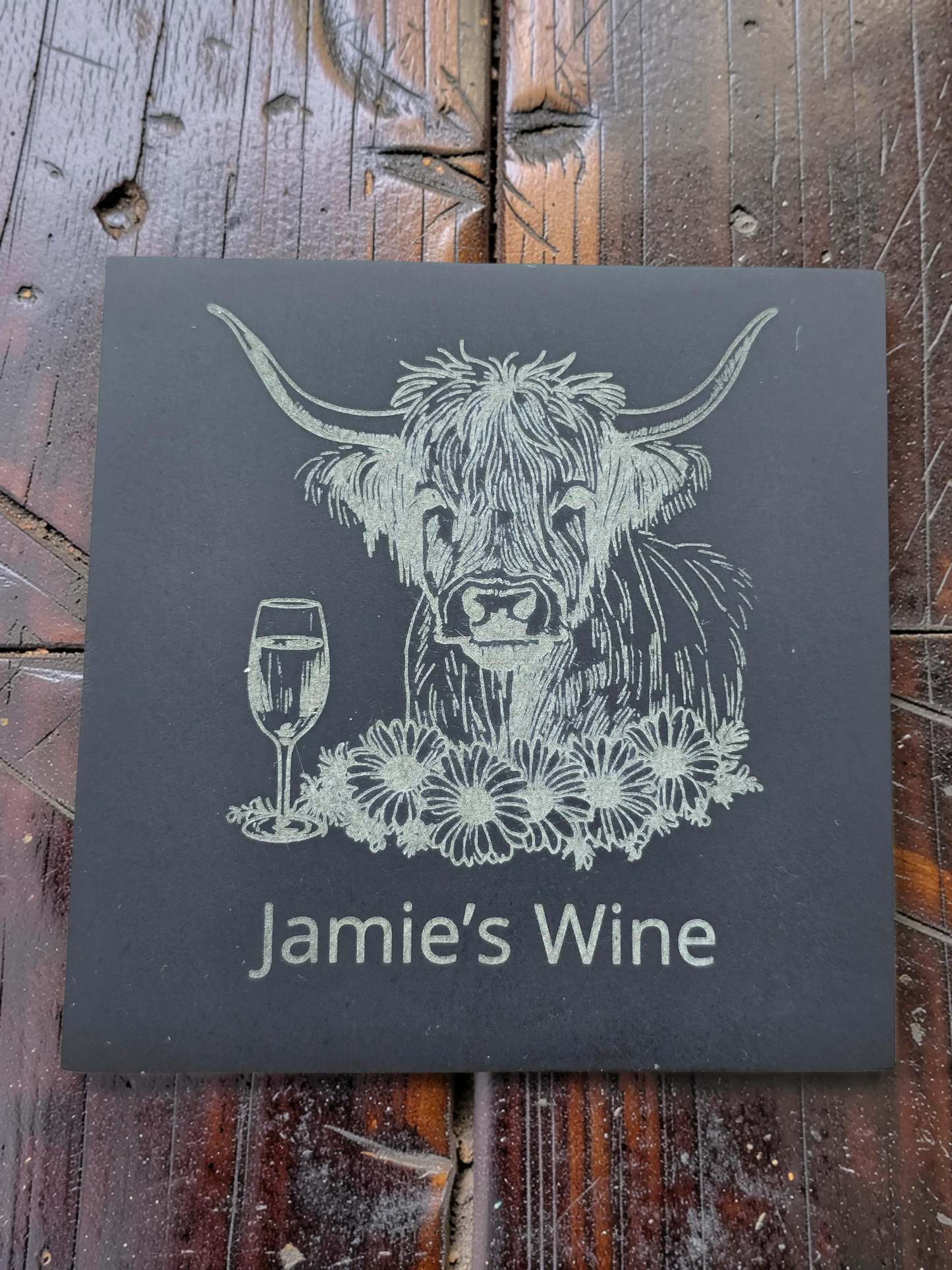 Personalised Highland Cow Coaster with Your Name's Wine Text