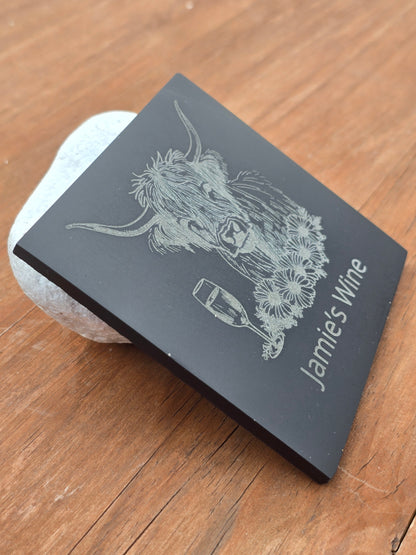 Personalised Highland Cow Slate Coaster - "Your Name's Wine" Text