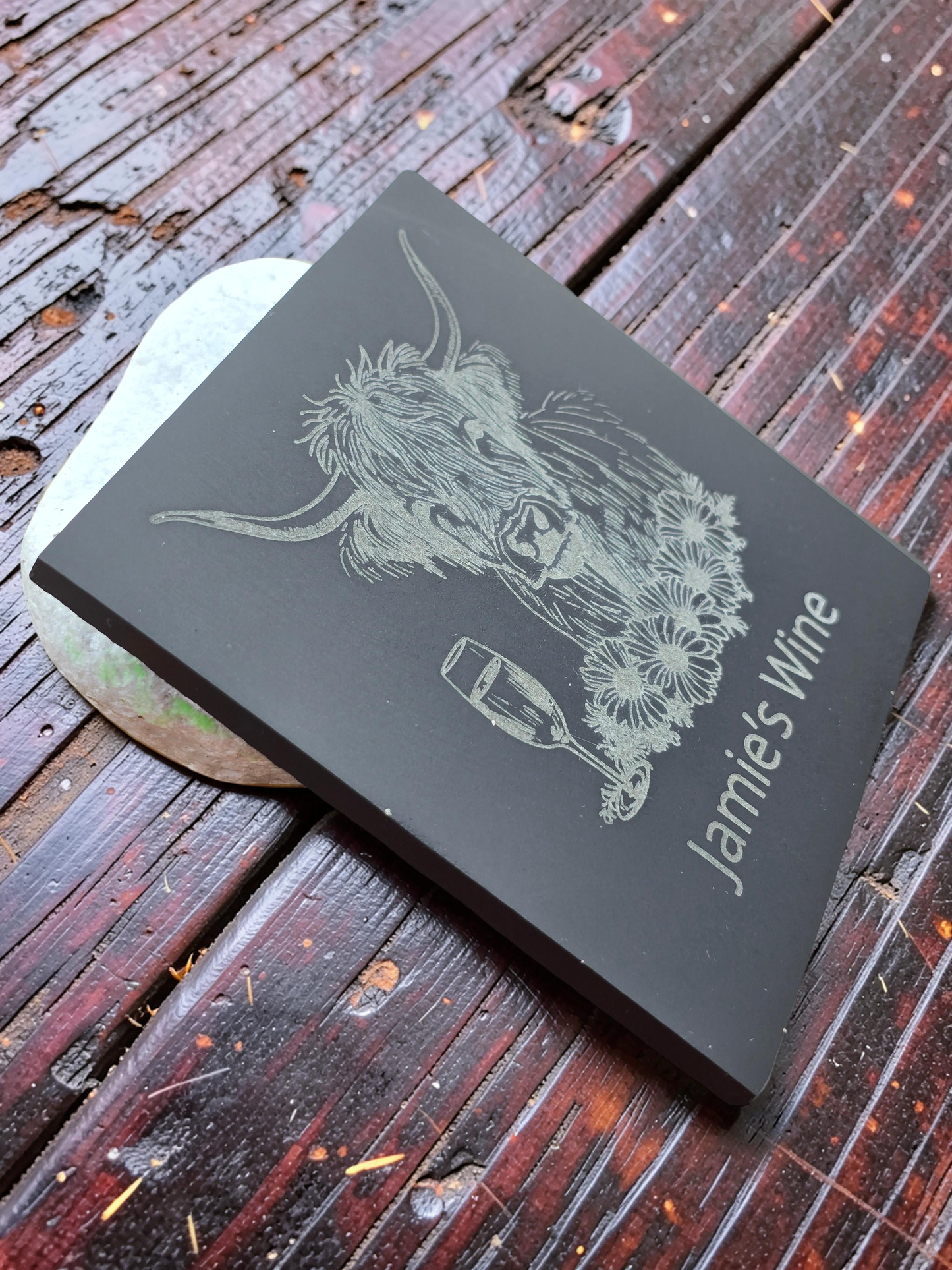 Personalised Highland Cow Coaster with Your Name's Wine Text
