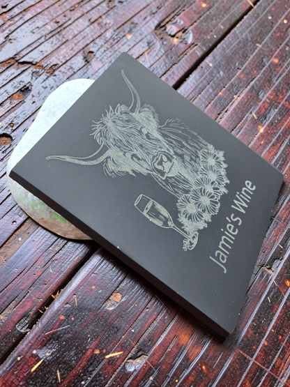 Personalised Highland Cow Coaster with Your Name's Wine Text