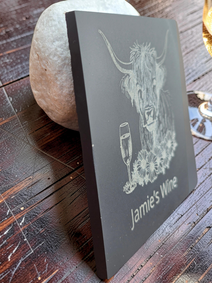 Personalised Highland Cow Coaster with Your Name's Wine Text