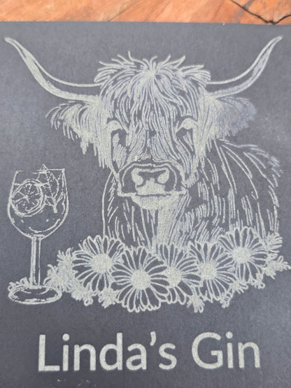 Personalised Highland Cow Slate Coaster - "Your Name's Gin" Text