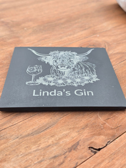 Personalised Highland Cow Slate Coaster - "Your Name's Gin" Text