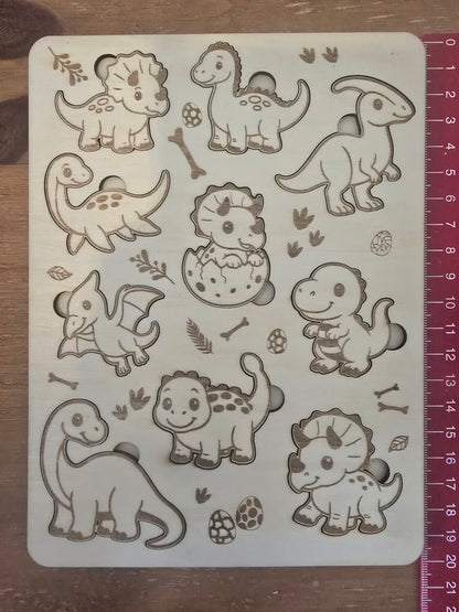 Dinosaur-themed wooden puzzle with measurement scale showing 20cm long