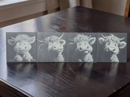 Highland Cow Coasters - Cute Highland Cow Slate Coasters 4 Pack
