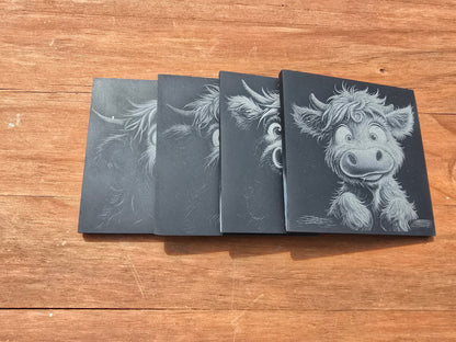 4 pack of Highland cow slate coasters with 4 different designs