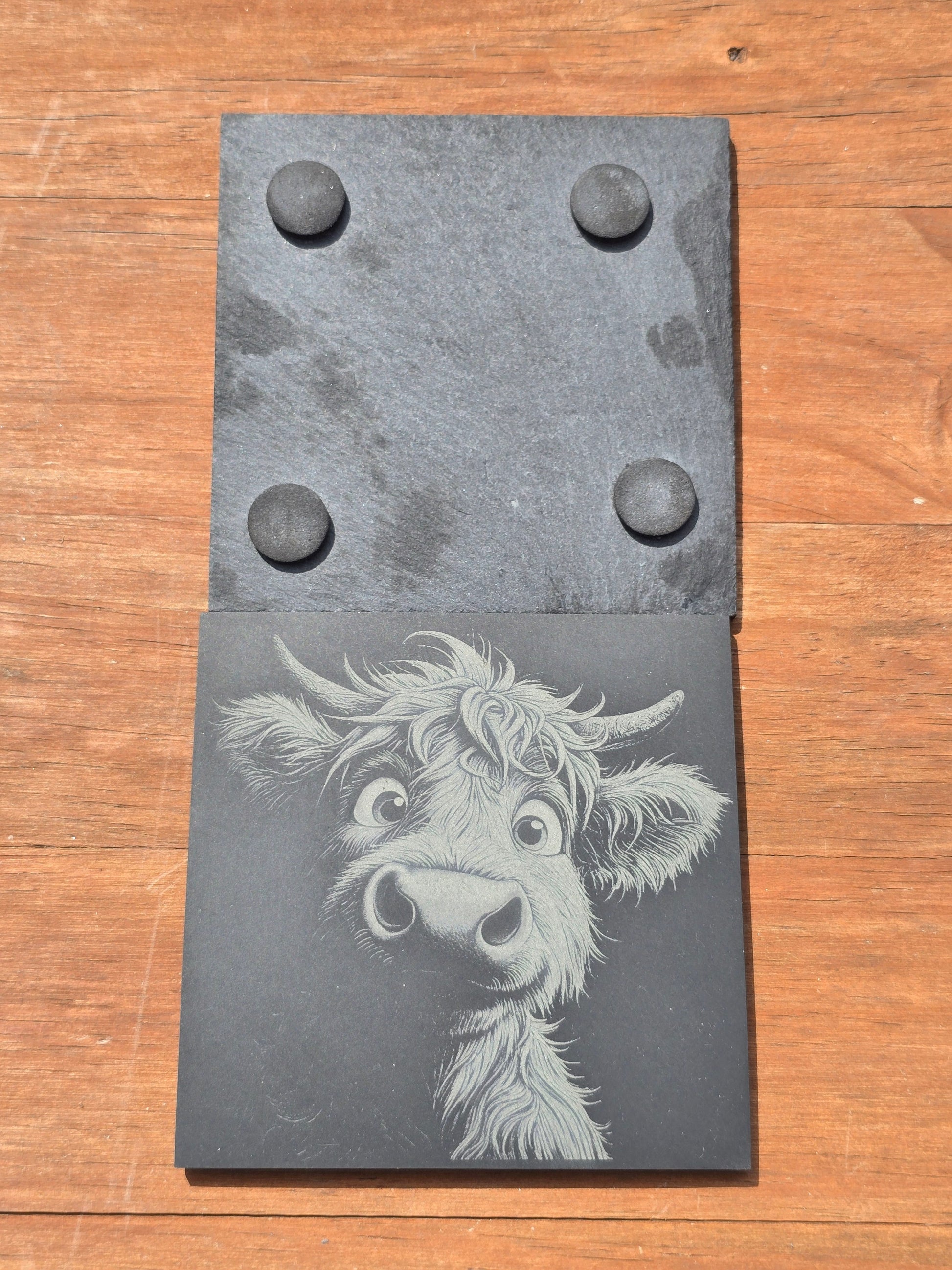 Front and back of a highland cow engraved slate, showing the felt feet on the bottom and etched design on the front