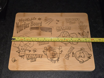 Wooden cutting board with humorous vegetable-themed designs and a measuring tape showing 30cm length