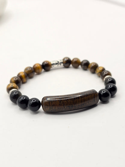 Mens tigers eye bar bead bracelet - Elasticated stone beaded bracelet
