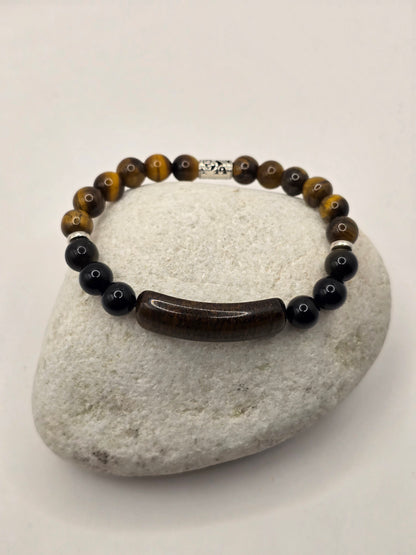 Mens tigers eye bar bead bracelet - Elasticated stone beaded bracelet