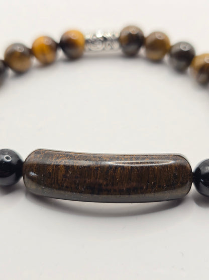 Mens tigers eye bar bead bracelet - Elasticated stone beaded bracelet