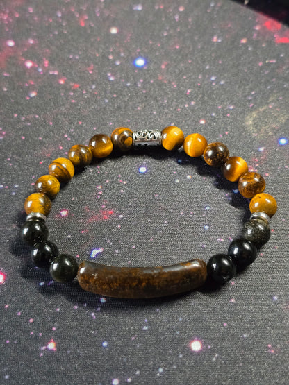 Mens tigers eye bar bead bracelet - Elasticated stone beaded bracelet