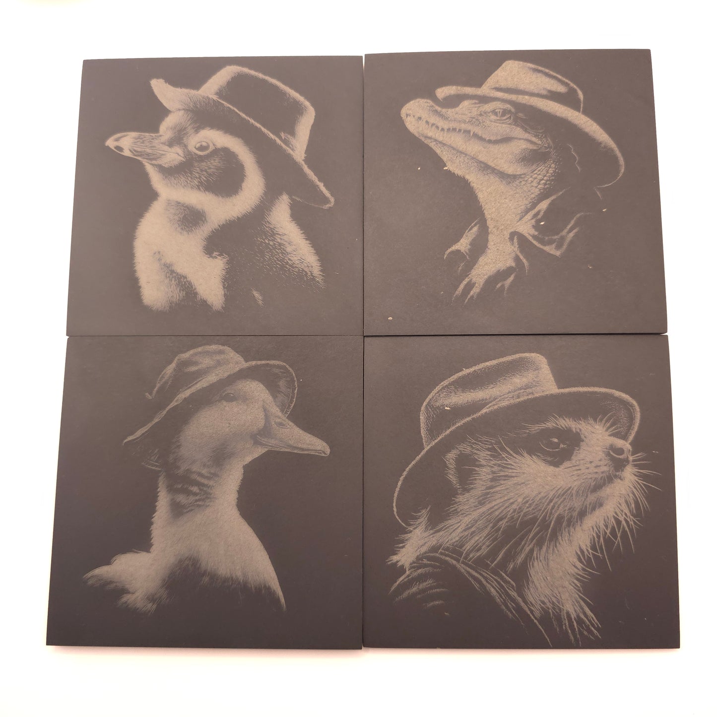 Animals in Hats - 4 pack slate coaster set of cute critters in fedora hats