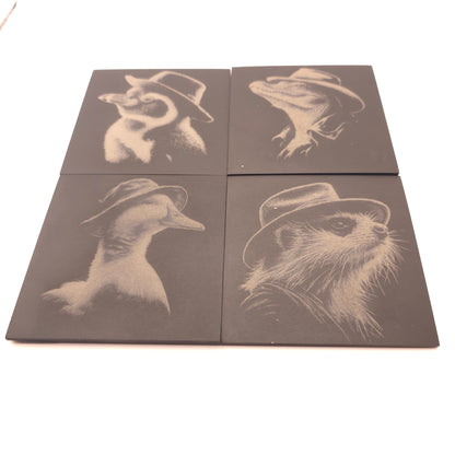 Animals in Hats - 4 pack slate coaster set of cute critters in fedora hats