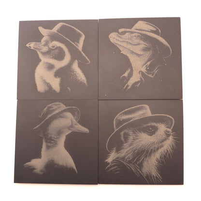 Animals in Hats - 4 pack slate coaster set of cute critters in fedora hats
