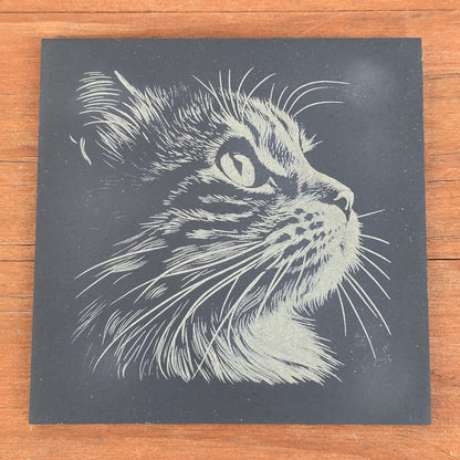 Cat Slate Coaster Set - 4 pack of etched cat design 10cm drinks mats