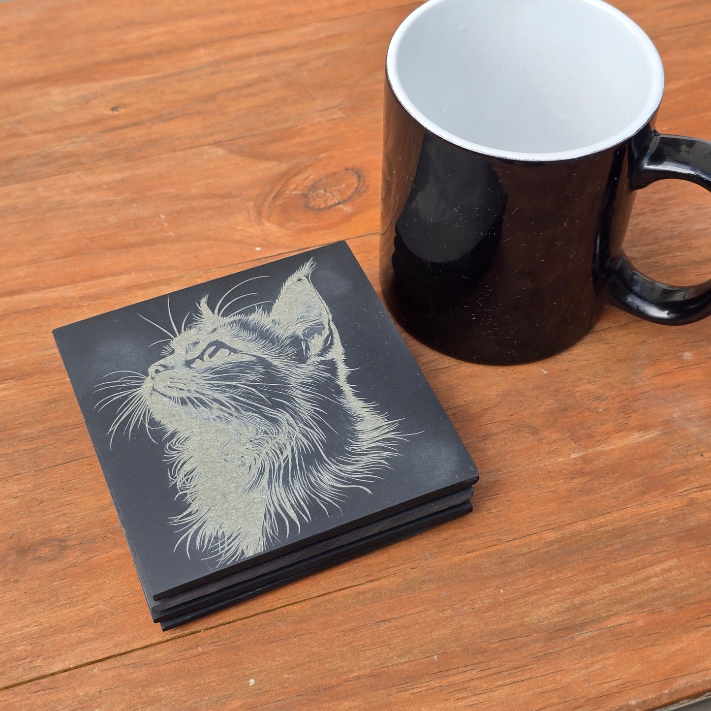 Cat Slate Coaster Set - 4 pack of etched cat design 10cm drinks mats