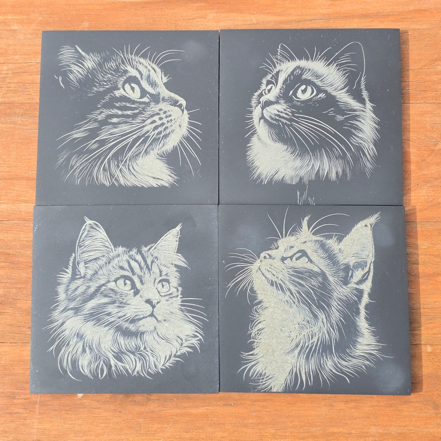 Cat Slate Coaster Set - 4 pack of etched cat design 10cm drinks mats