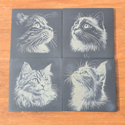 Cat Slate Coaster Set - 4 pack of etched cat design 10cm drinks mats