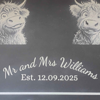 Design with Highland cow illustrations and text 'Mr and Mrs Williams Est. 12.09.2025' on a dark background