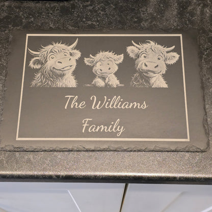 Customised Highland Cow Family Cheese Slate / Serving Board