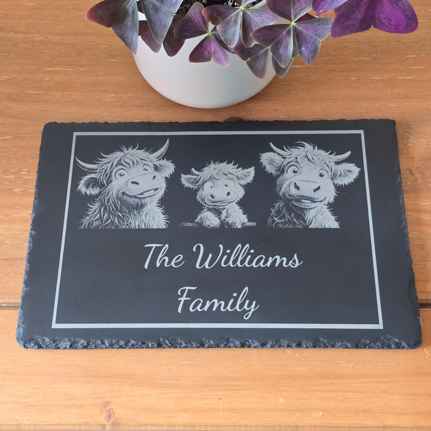 Cusomised slate with engraved Highland cow designs and 'The Williams Family' text on a wooden surface with a plant.