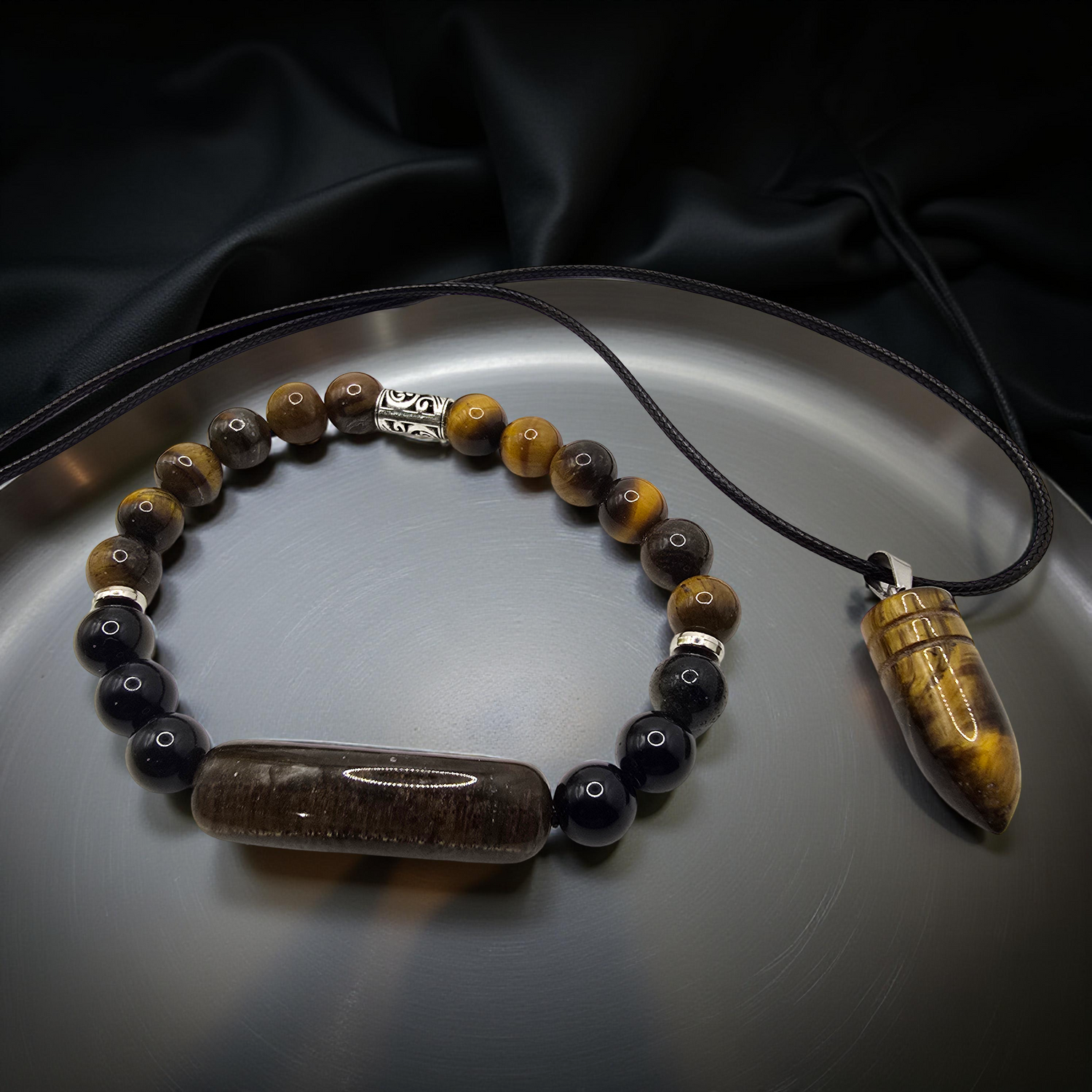 Men's tigers eye beaded bracelet with tigers eye bullet shaped necklace jewellery set.