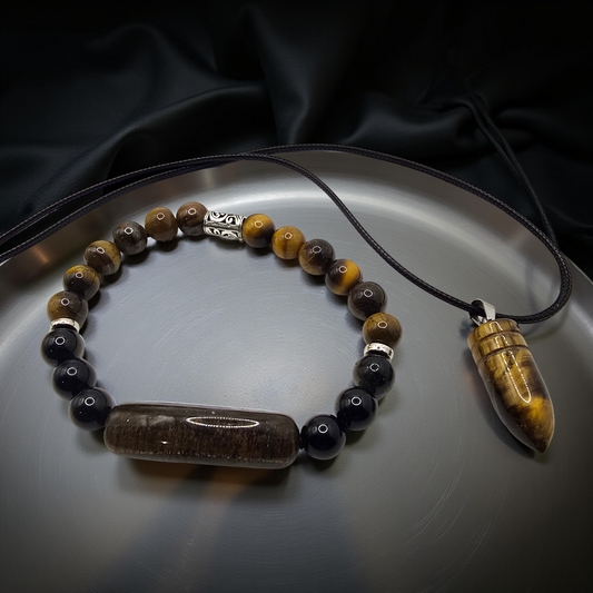 Men's tigers eye beaded bracelet with tigers eye bullet shaped necklace jewellery set.