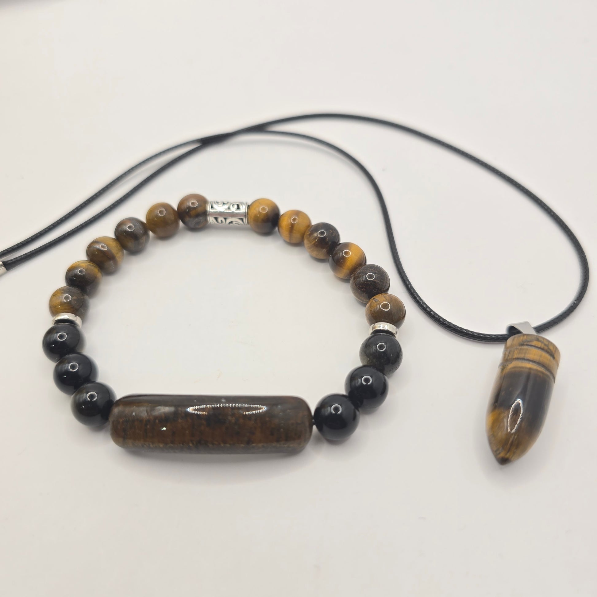 men's tigers eye jewellery set with beaded bracelet and bullet necklace