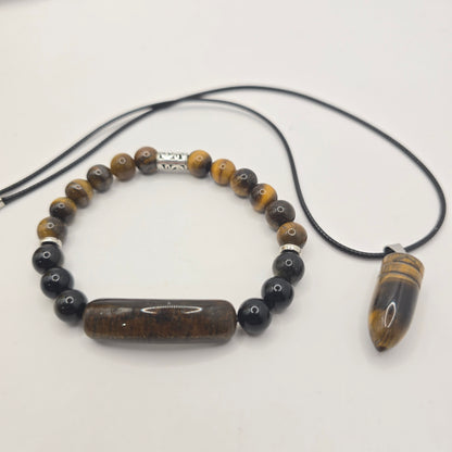 men's tigers eye jewellery set with beaded bracelet and bullet necklace