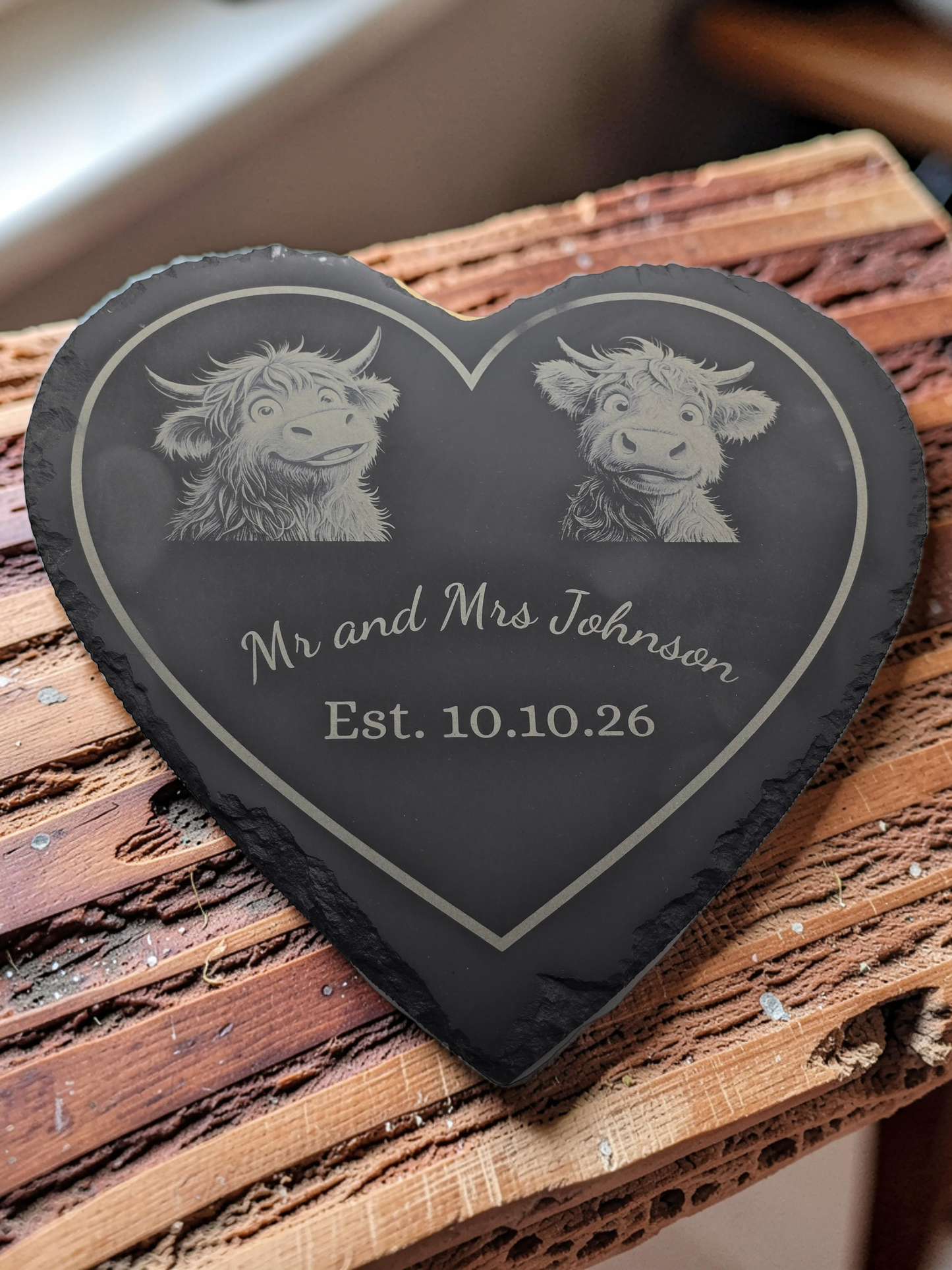 Personalised Highland Cow Heart Slate - Wedding / Anniversary Gift