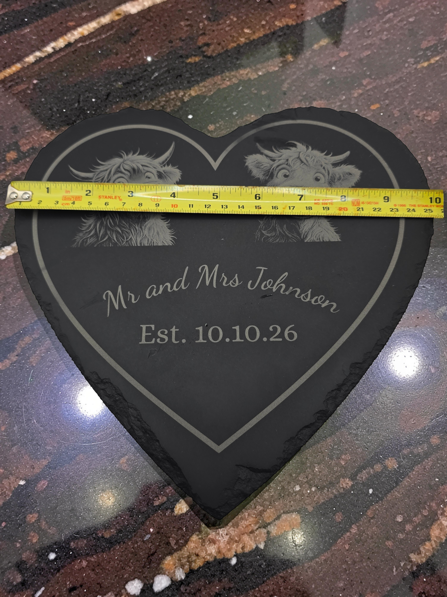 Personalised Highland Cow Heart Slate - Wedding / Anniversary Gift