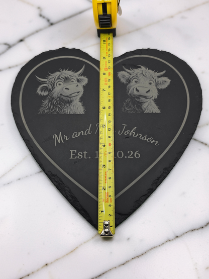 Personalised Highland Cow Heart Slate - Wedding / Anniversary Gift