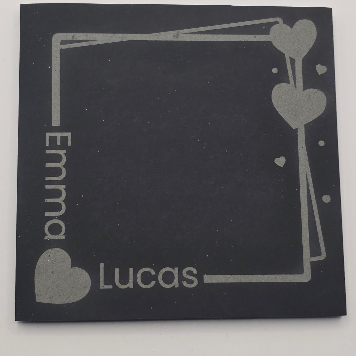 custom slate coaster with text and heart designs