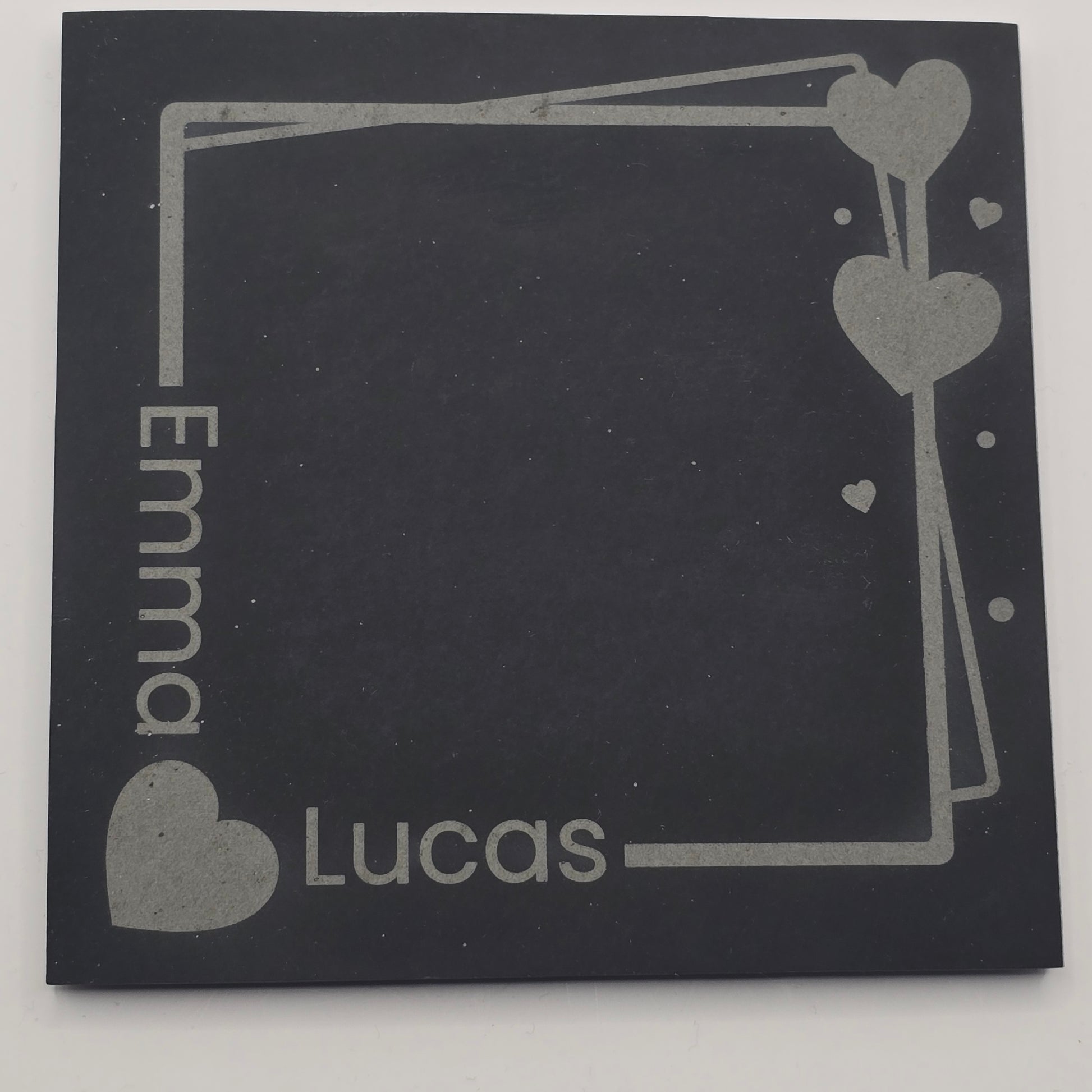 custom slate coaster with text and heart designs