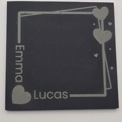 custom slate coaster with text and heart designs