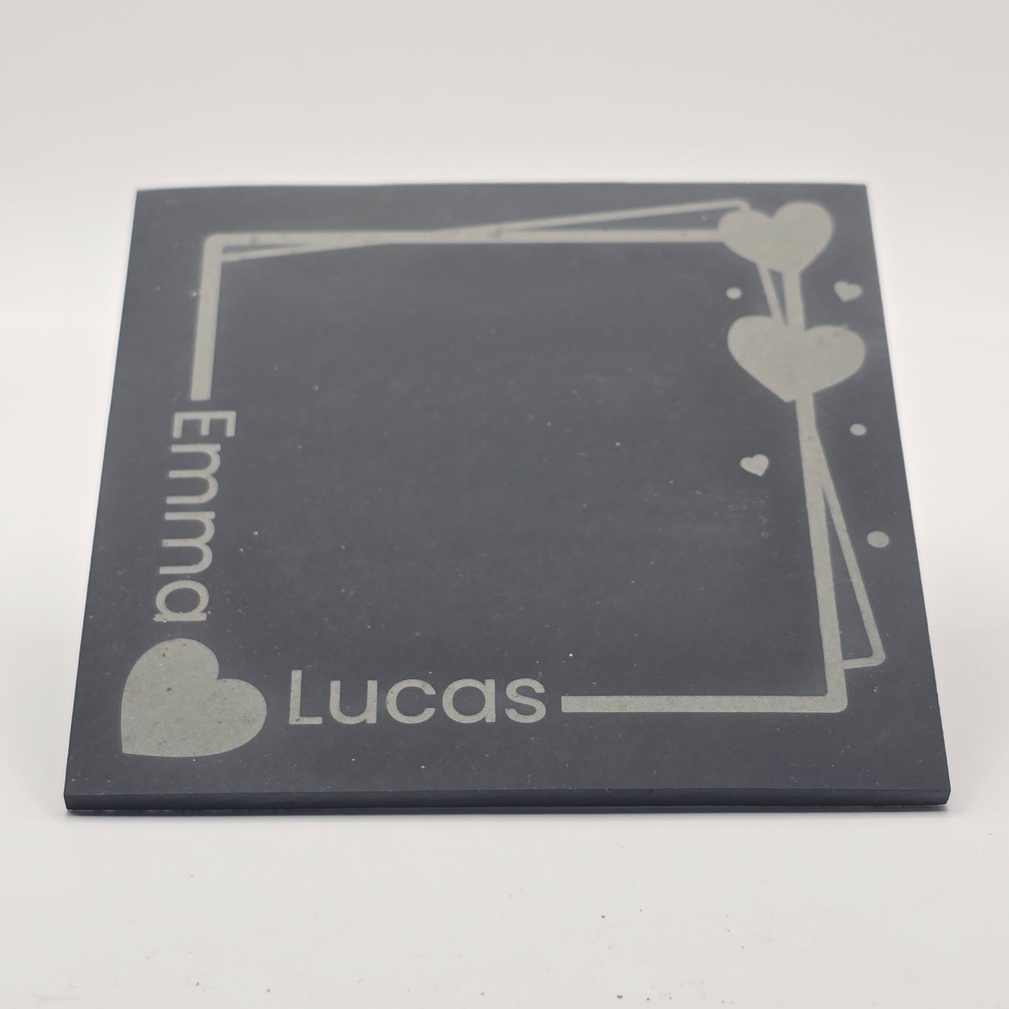 Personalised black slate coaster with 2 names engraved