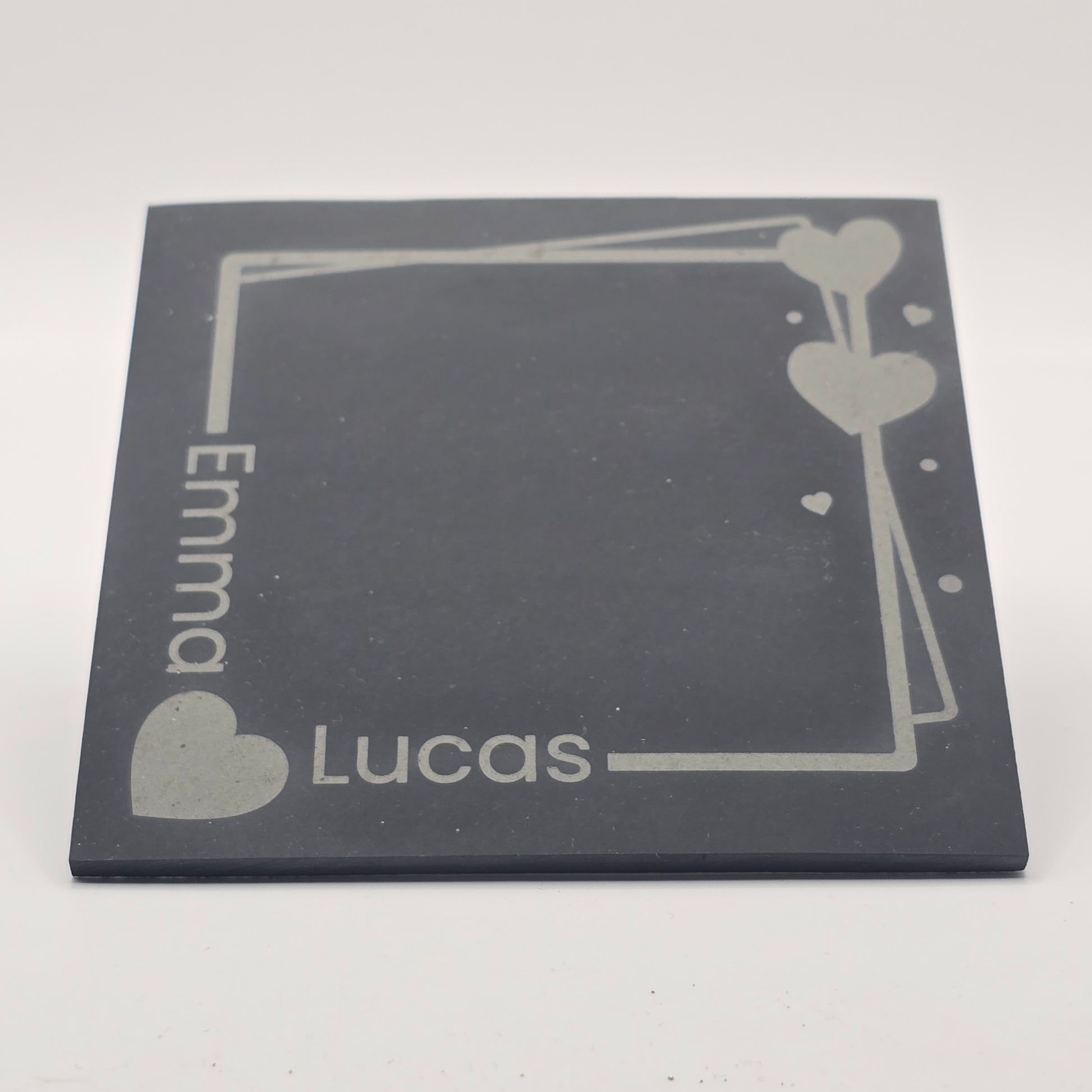 Personalised black slate coaster with 2 names engraved